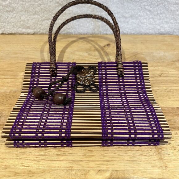 Rattan Woven Purple  Purse Handbag w/ Handmade Beaded Closure & Braided Handles - Picture 13 of 16